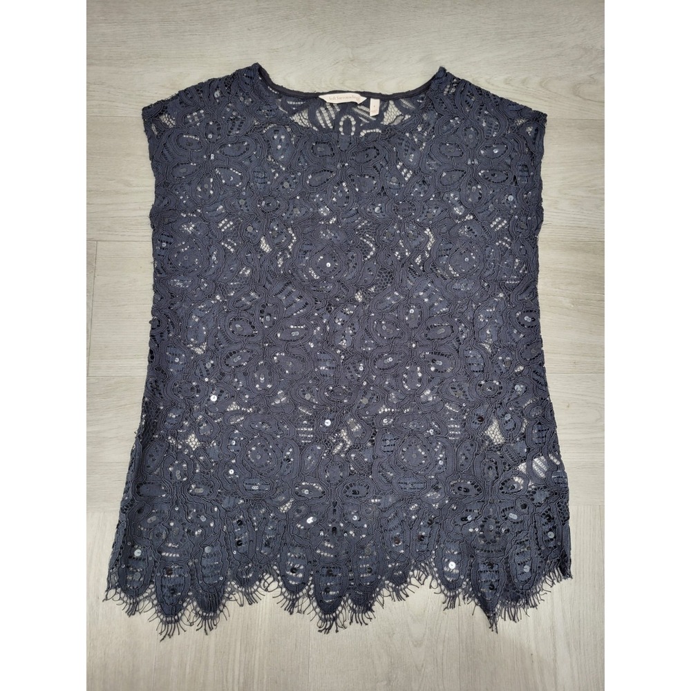 Soft Surroundings Lace Top Women's Small Black Sequin Crochet Short Sleeve